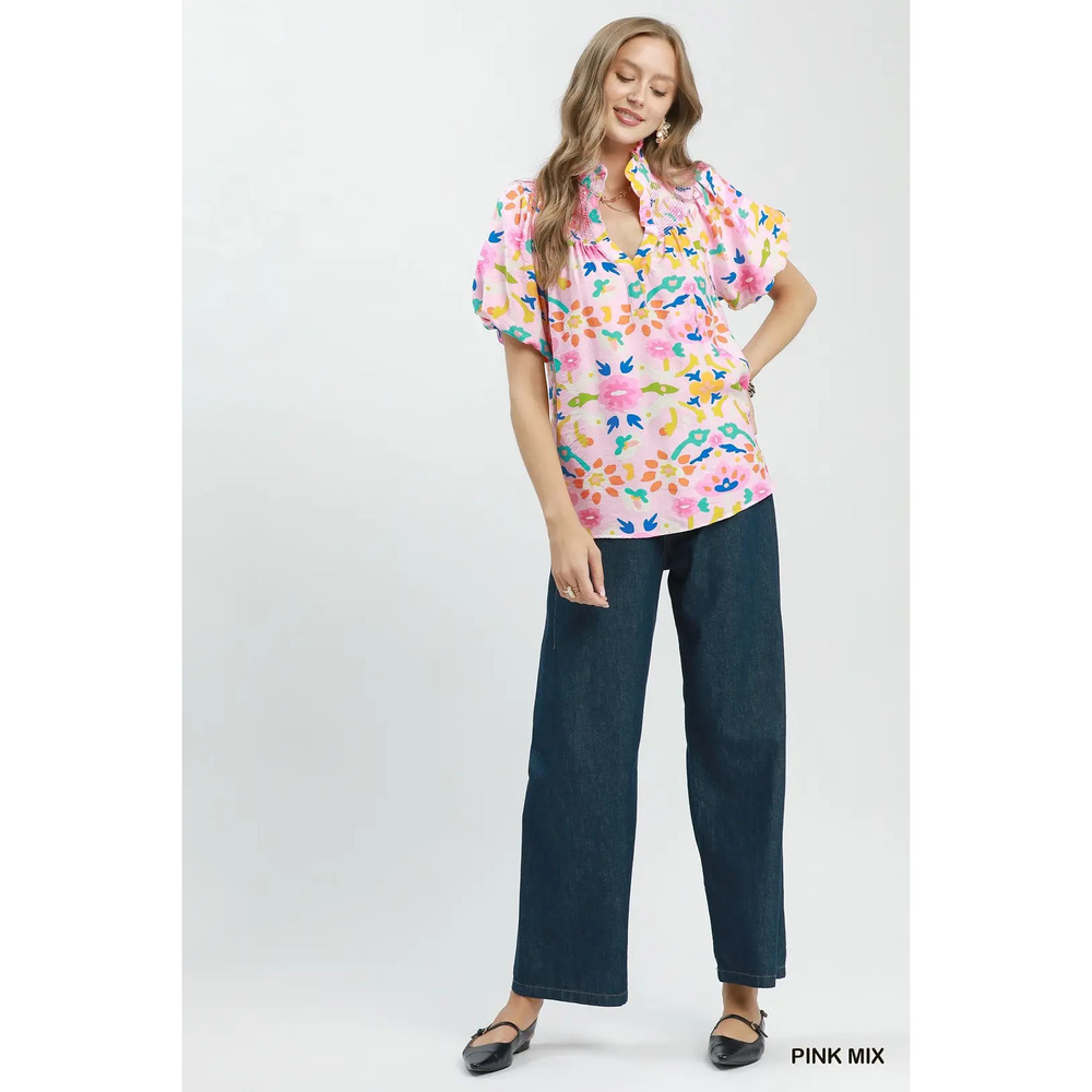 Umgee Folk Art Print Top with Smocked Detail - Picture 5 of 5